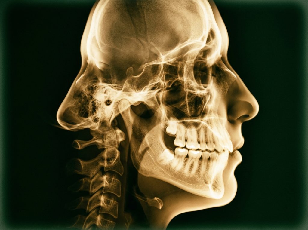 Perfil facial em raio-X dourado sobre fundo verde escuro