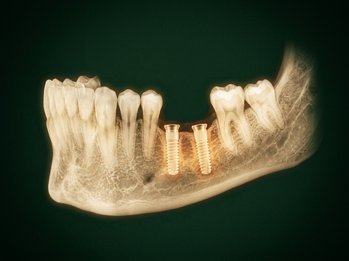 Mandíbula com implantes de titânio em raio-X dourado