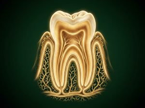 Corte tomográfico detalhado de dente em tons dourados